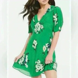 Free People Sz 0 Emerald Green Puff Sleeve Midi Sundress